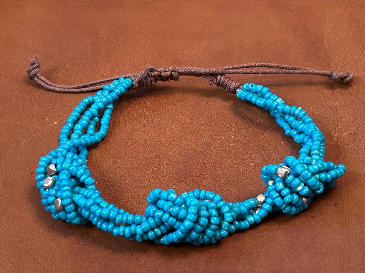 Knotted Turquoise Seed Bead & Cord Adjustable Bracelet