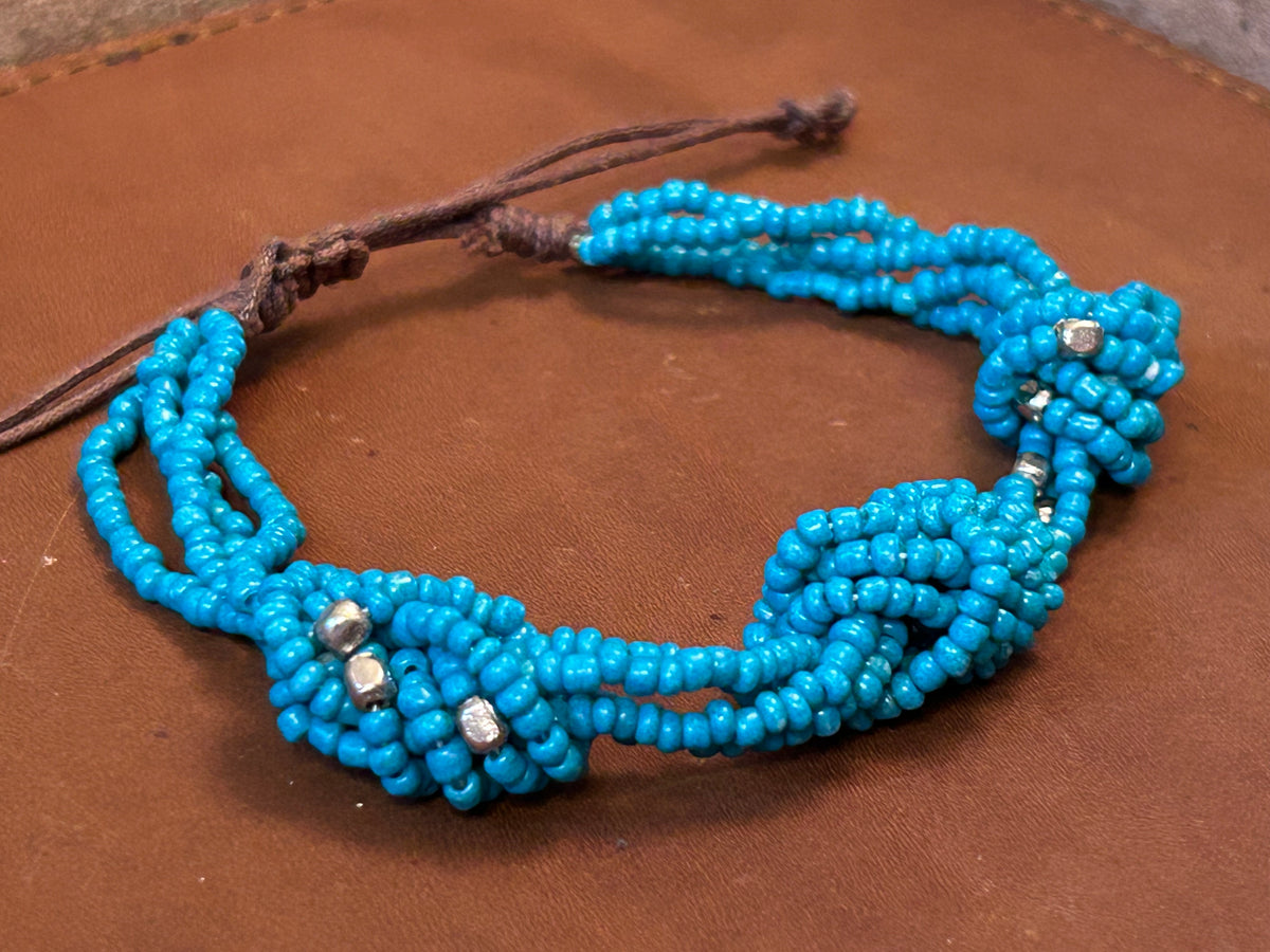 Knotted Turquoise Seed Bead & Cord Adjustable Bracelet