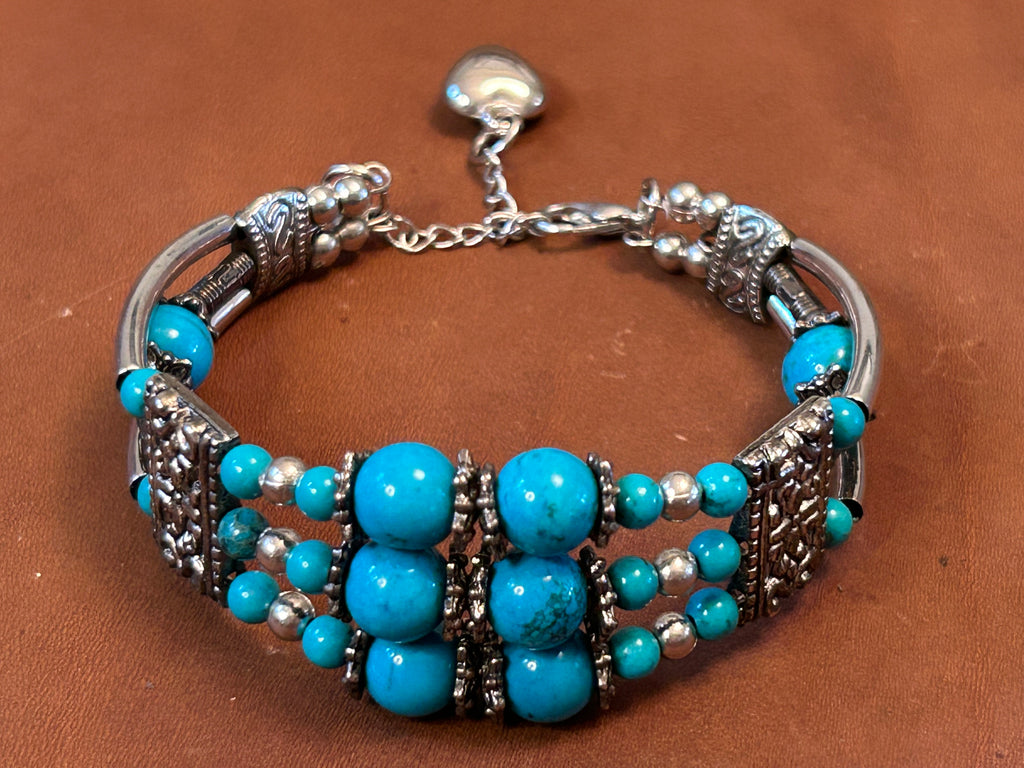 Southwestern Multi-Strand Turquoise Bead & Silver Filigree Bracelet