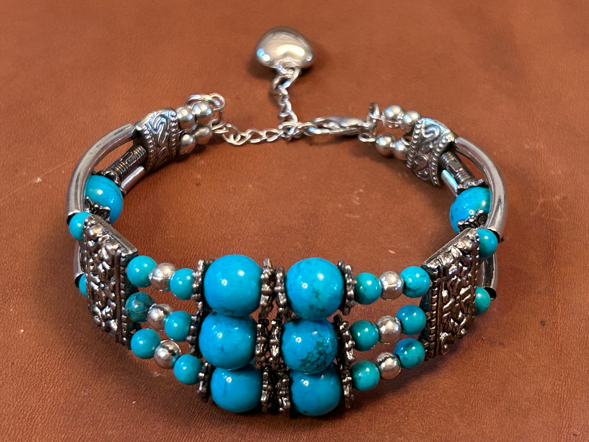 Southwestern Multi-Strand Turquoise Bead & Silver Filigree Bracelet