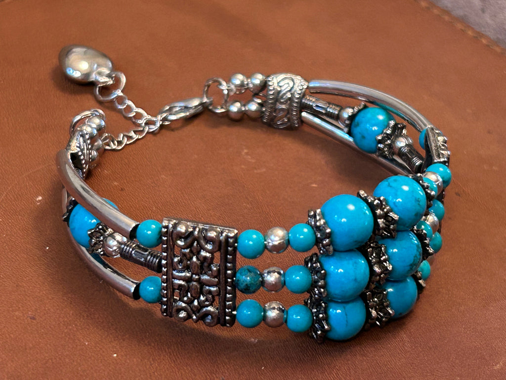 Southwestern Multi-Strand Turquoise Bead & Silver Filigree Bracelet