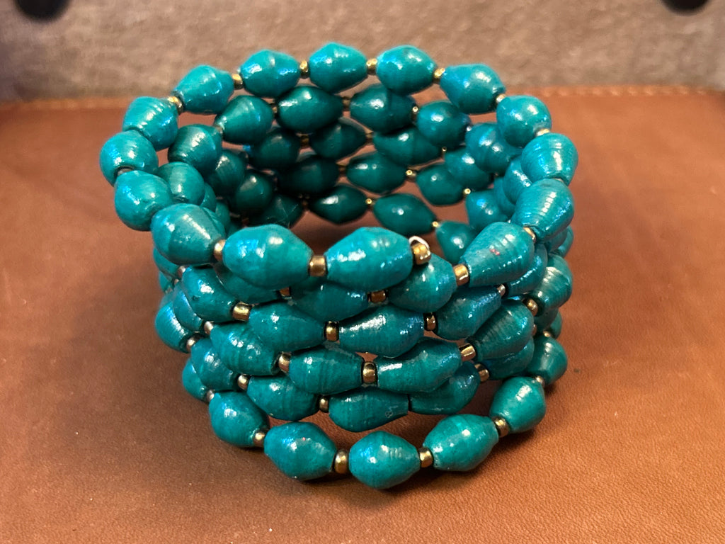 Southwestern Turquoise & Gold Paper Bead Wrap Cuff Bracelet