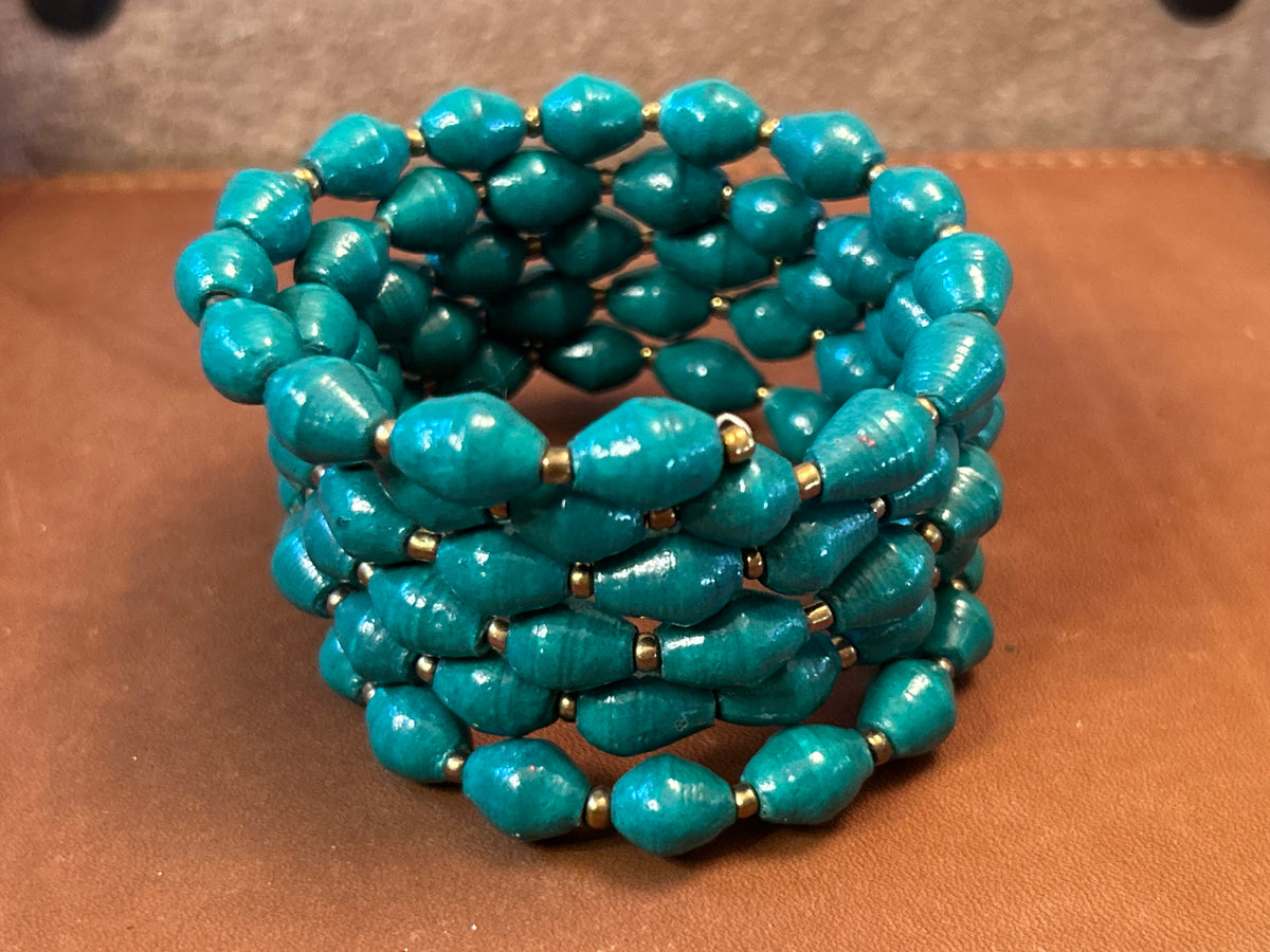 Southwestern Turquoise & Gold Paper Bead Wrap Cuff Bracelet