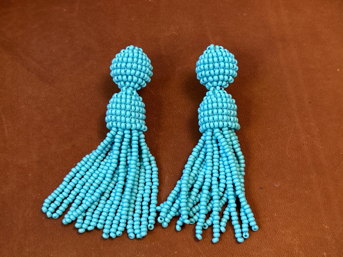 Bright Turquoise Seed Bead Statement Tassel Earrings