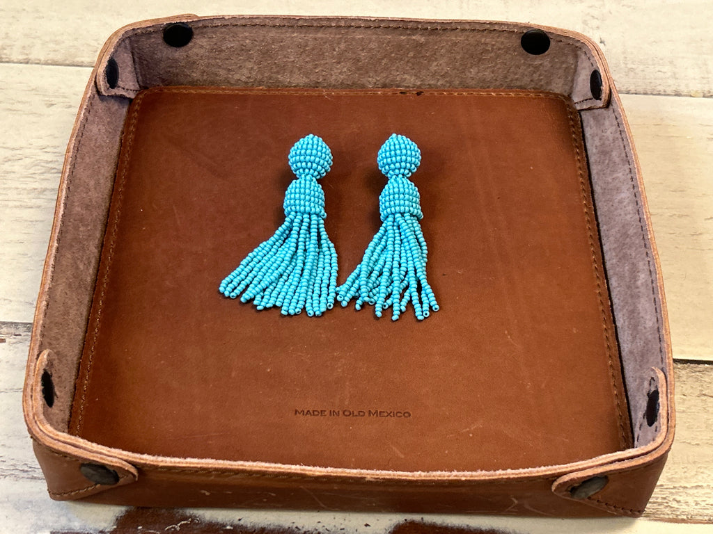 Bright Turquoise Seed Bead Statement Tassel Earrings