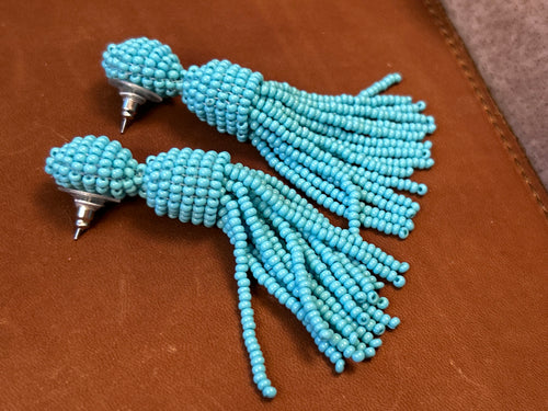 Bright Turquoise Seed Bead Statement Tassel Earrings