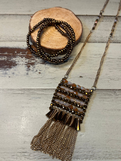 Beaded Fringe Medallion Chain Necklace