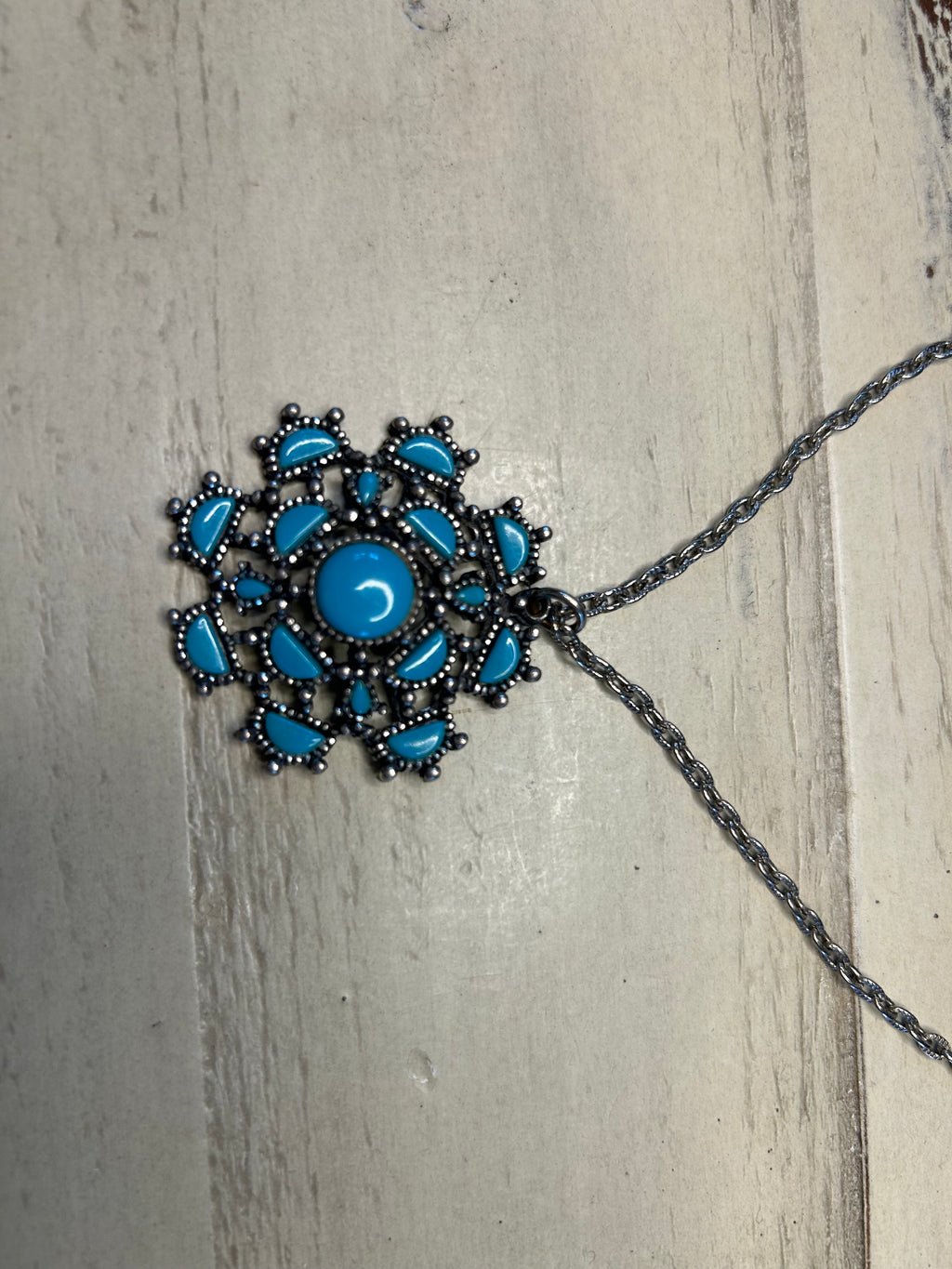 Turquoise & Silver Flower Cluster Pendant Necklace