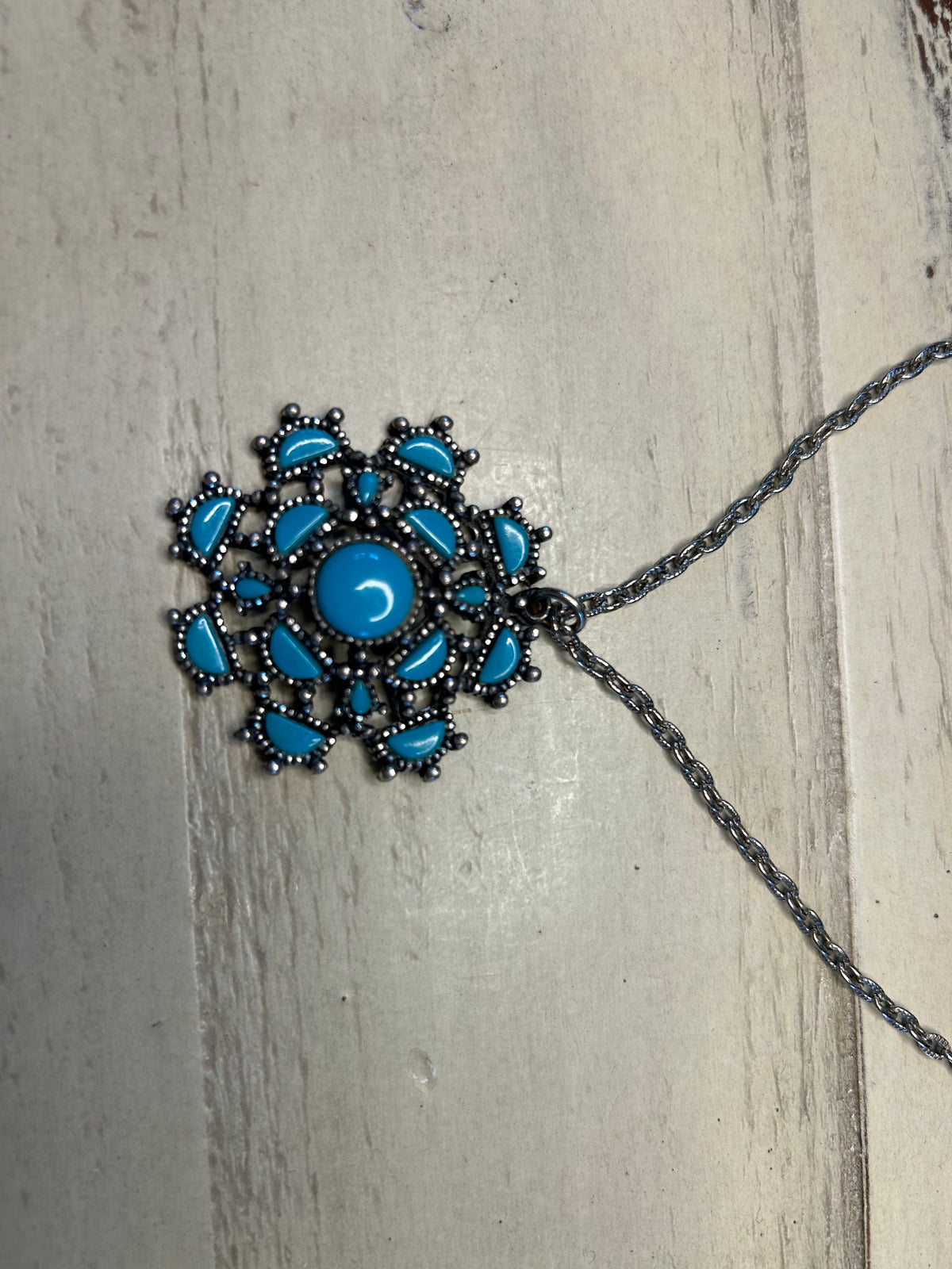 Turquoise & Silver Flower Cluster Pendant Necklace