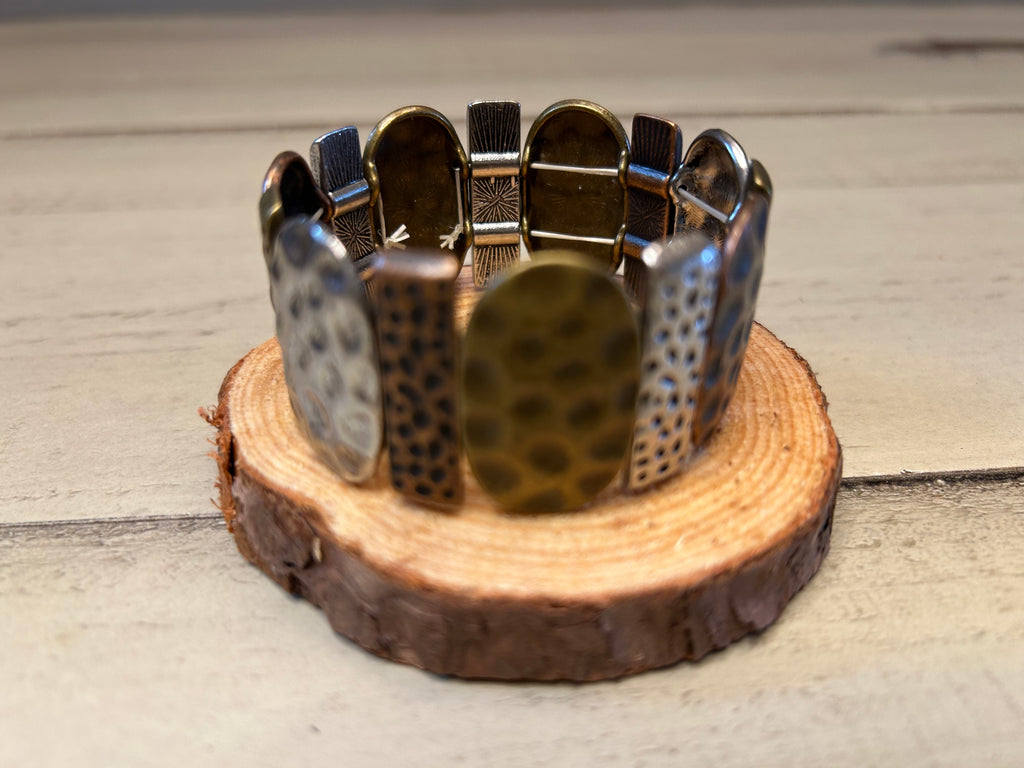 Rustic Hammered Mixed-Metal Oval Elastic Stretch Bracelet