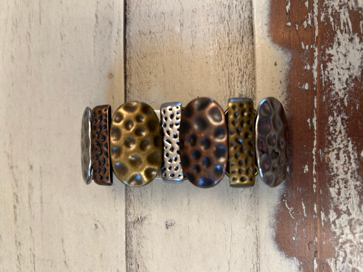 Rustic Hammered Mixed-Metal Oval Elastic Stretch Bracelet