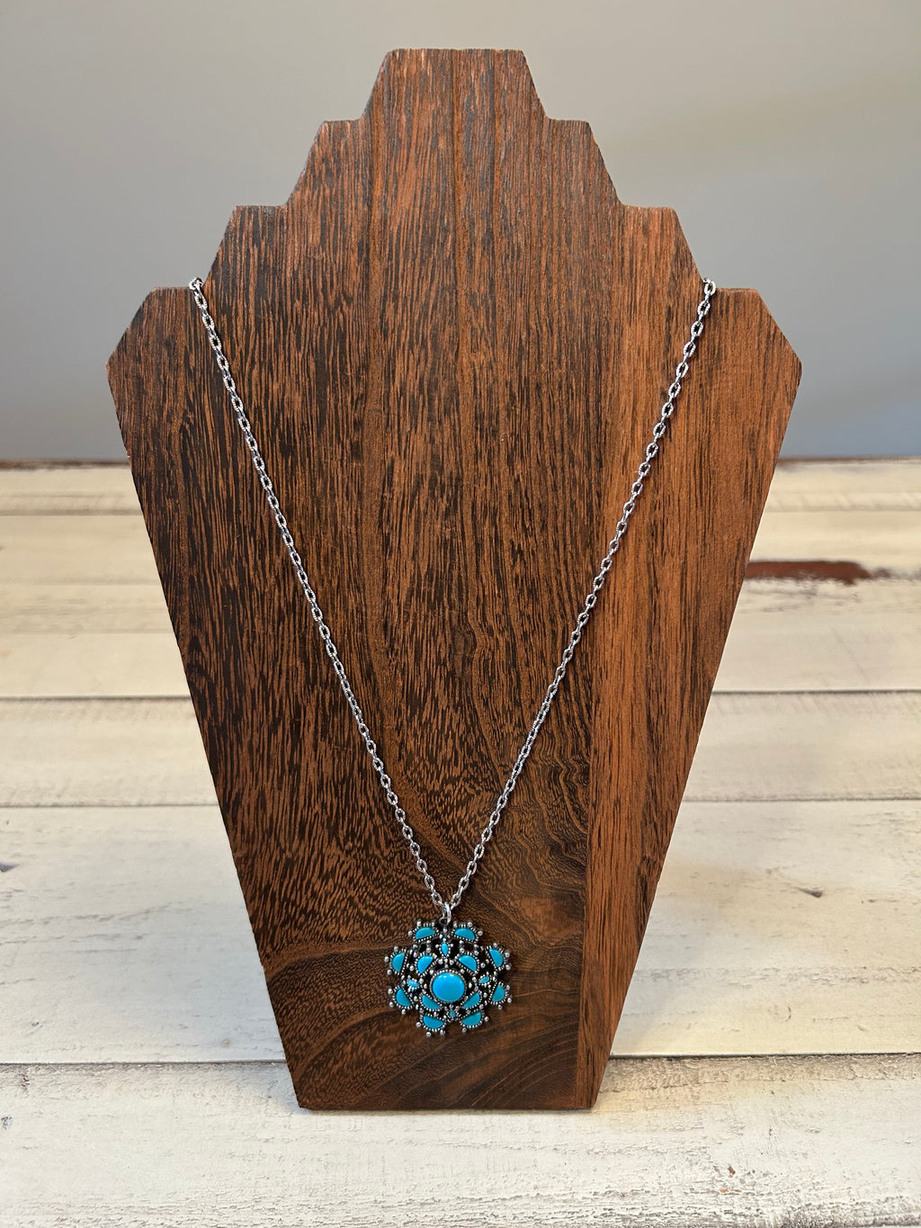 Turquoise & Silver Flower Cluster Pendant Necklace