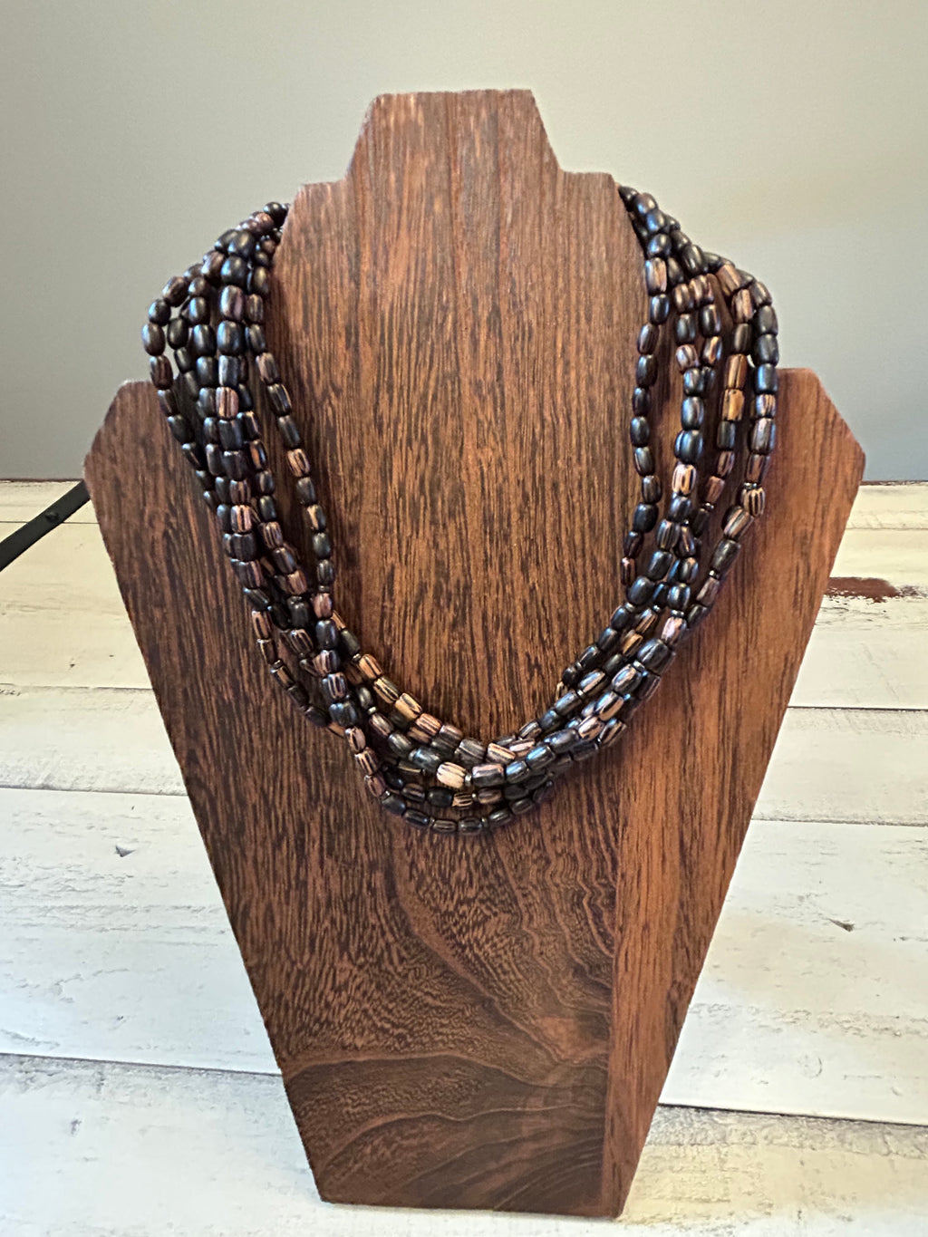 Multi-Strand Wooden Barrel Bead Necklace