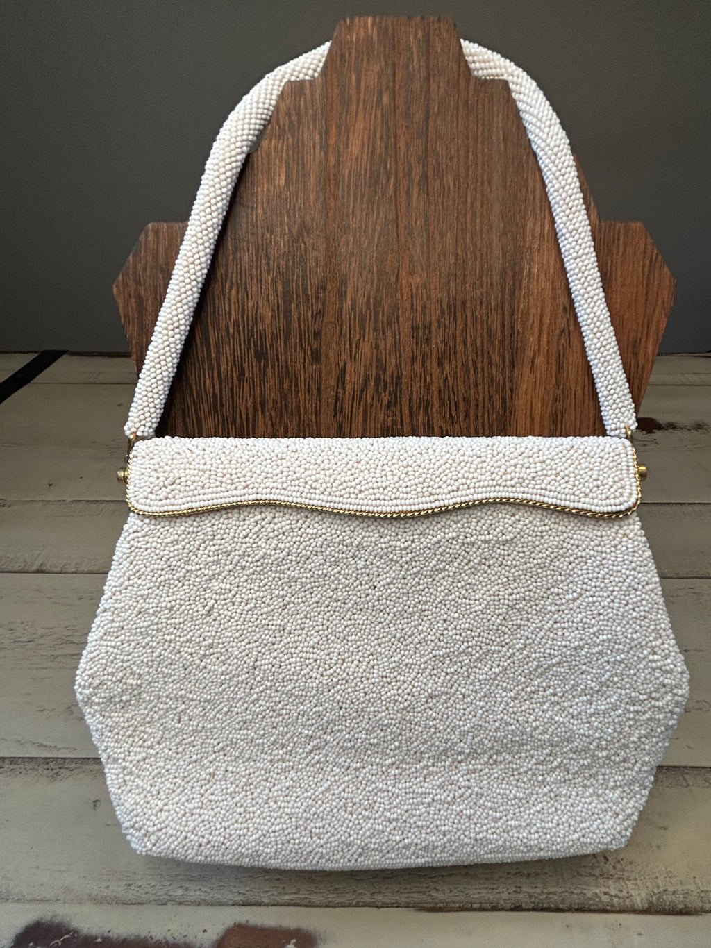 Vintage 1950s Ivory Micro-Beaded Evening Handbag with Gold Trim