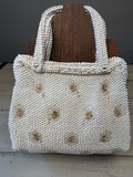 Vintage 1960s Beaded Pearl Floral Handbag with Gold Starburst Accents