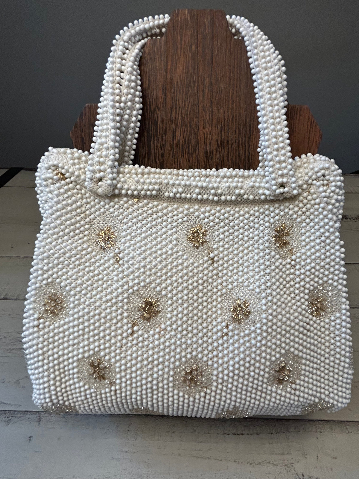 Vintage 1960s Beaded Pearl Floral Handbag with Gold Starburst Accents