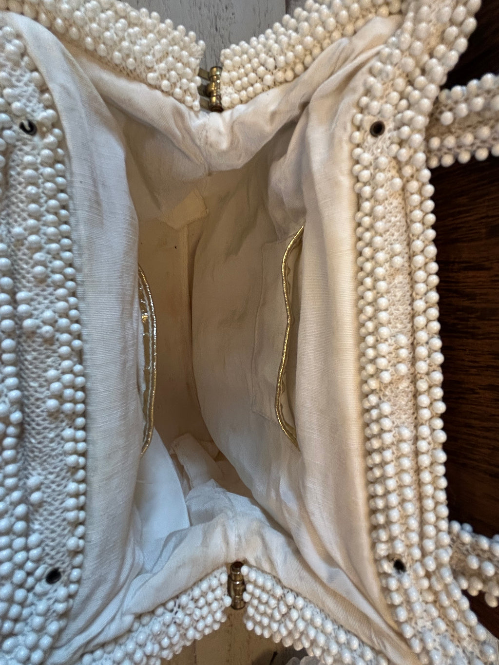 Vintage 1960s Beaded Pearl Floral Handbag with Gold Starburst Accents