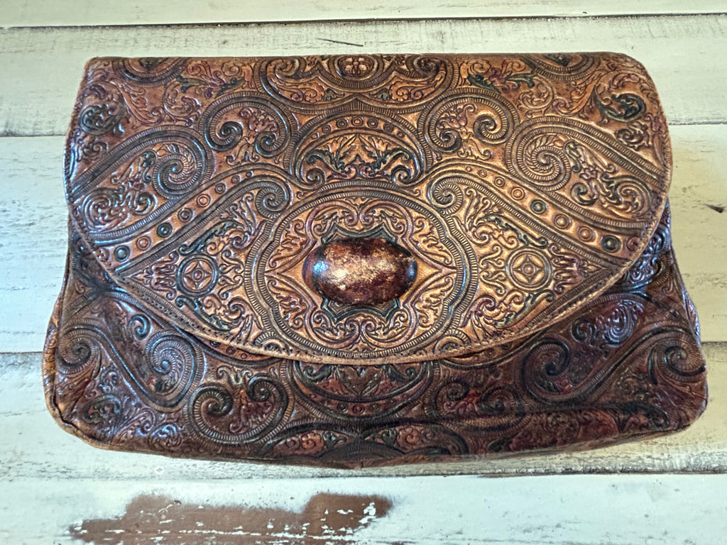 Vintage Southwestern Hand-Tooled Leather Paisley Envelope Clutch