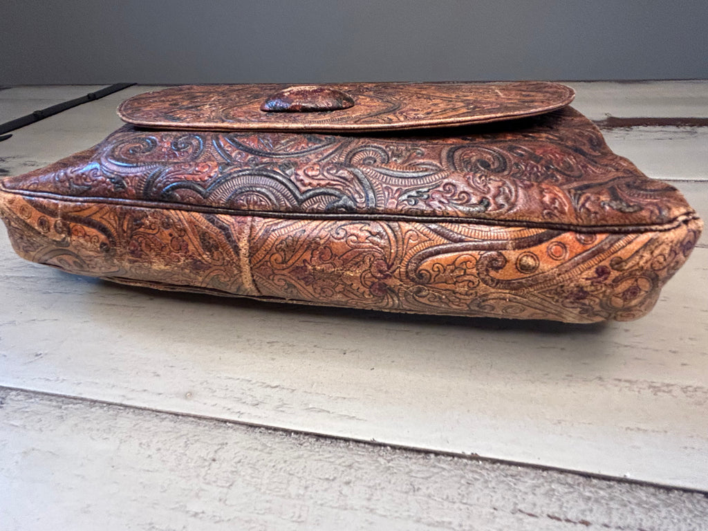 Vintage Southwestern Hand-Tooled Leather Paisley Envelope Clutch