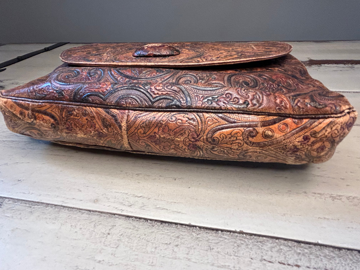 Vintage Southwestern Hand-Tooled Leather Paisley Envelope Clutch