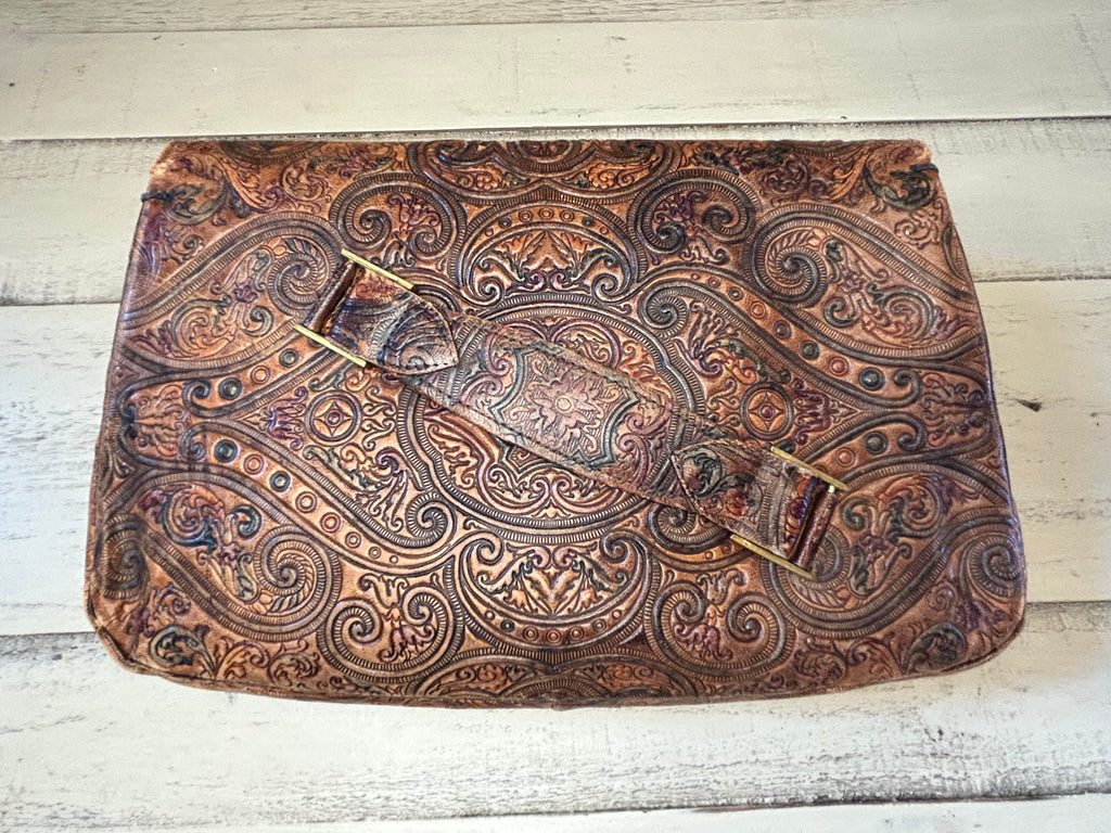 Vintage Southwestern Hand-Tooled Leather Paisley Envelope Clutch